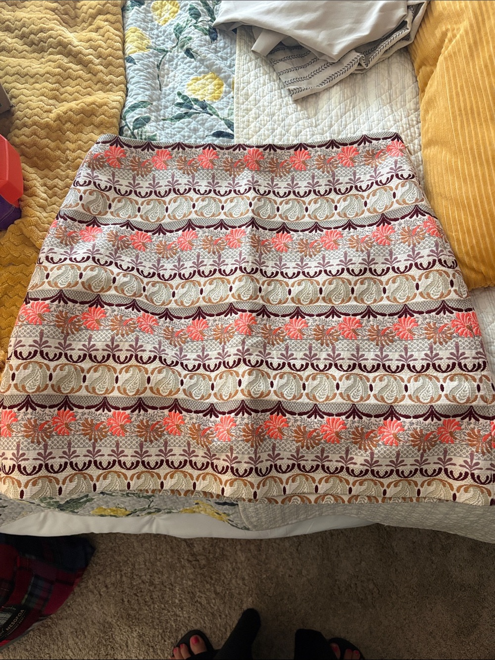 LOFT Embroidered A-Line Skirt in Coral, Cream & Burgundy